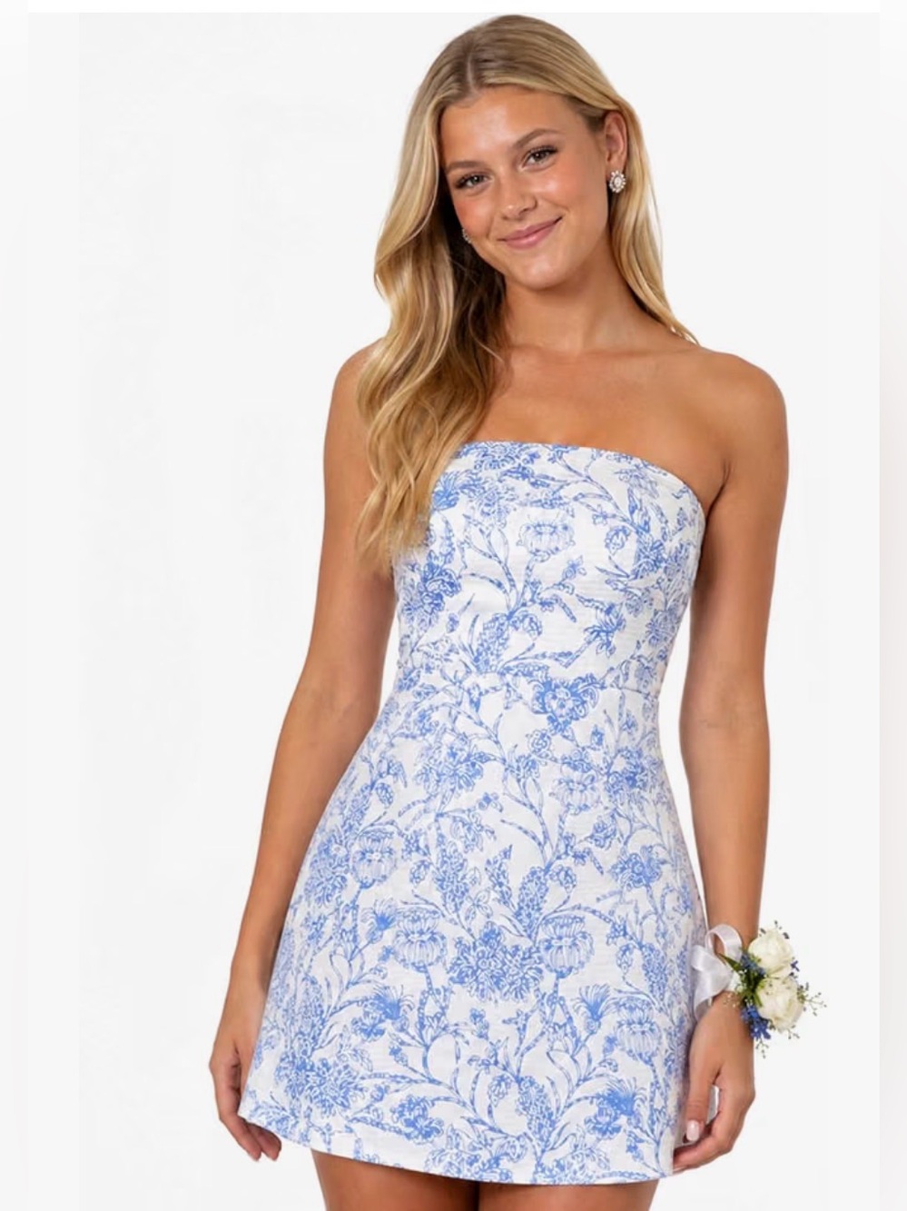 Strapless Blue Floral A-Line Dress